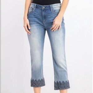 Anthropologie Driftwood Straight Leg Jeans with embellishment at ankle